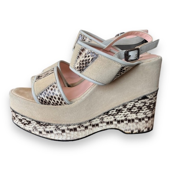 Opening Ceremony Cream Suede Leather & Snakeskin Ankle Strap Platform Wedges - Picture 9 of 12